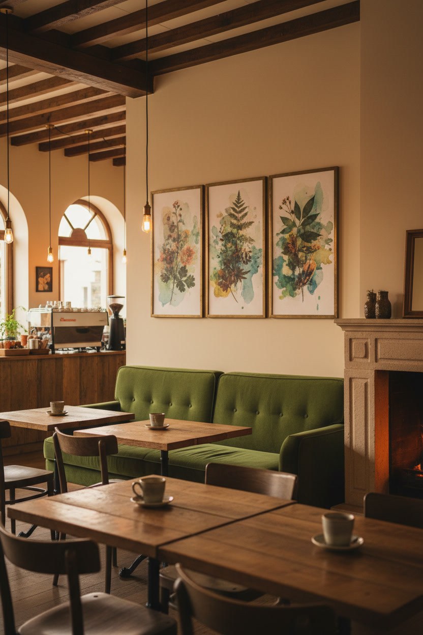 Ahşap masalı bir kafe duvarında dikey üçlü botanik pano seti