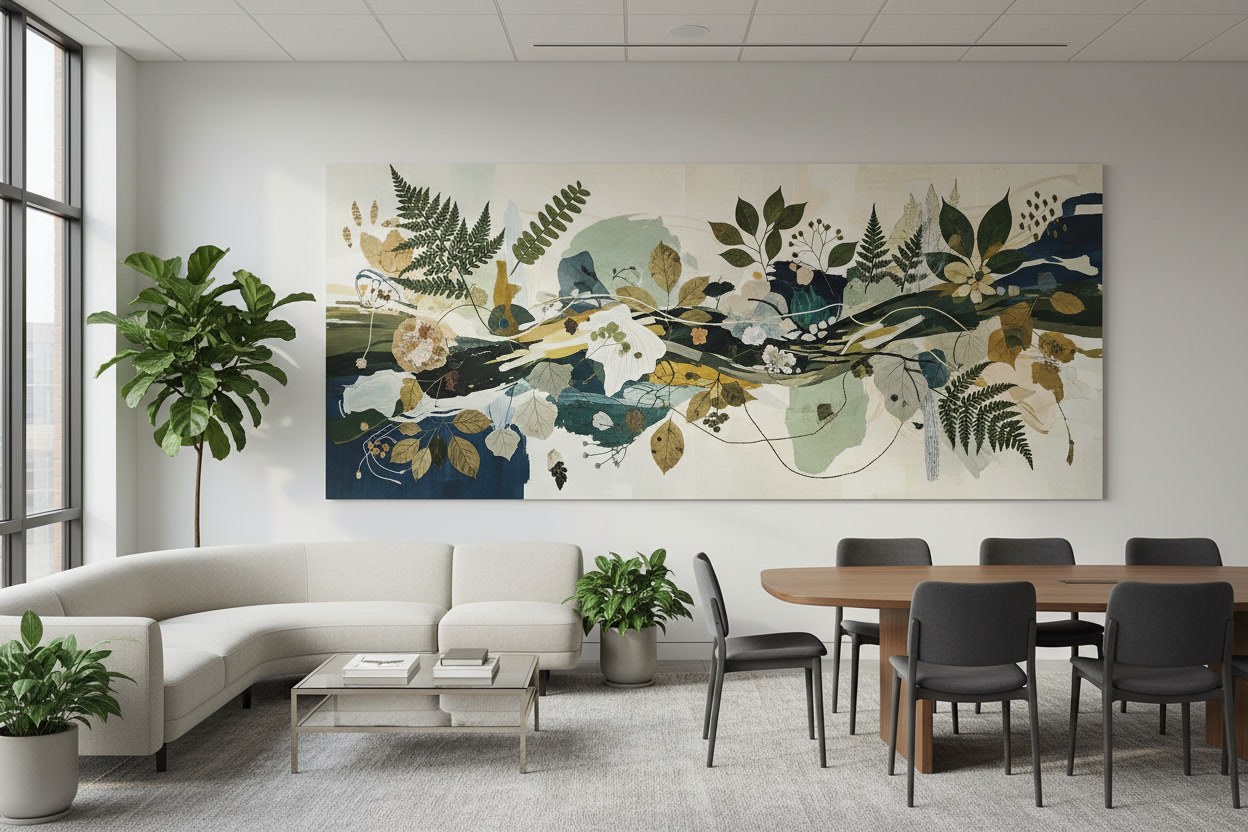 Modern bir ofis toplantı alanında geniş yatay botanik kolaj pano